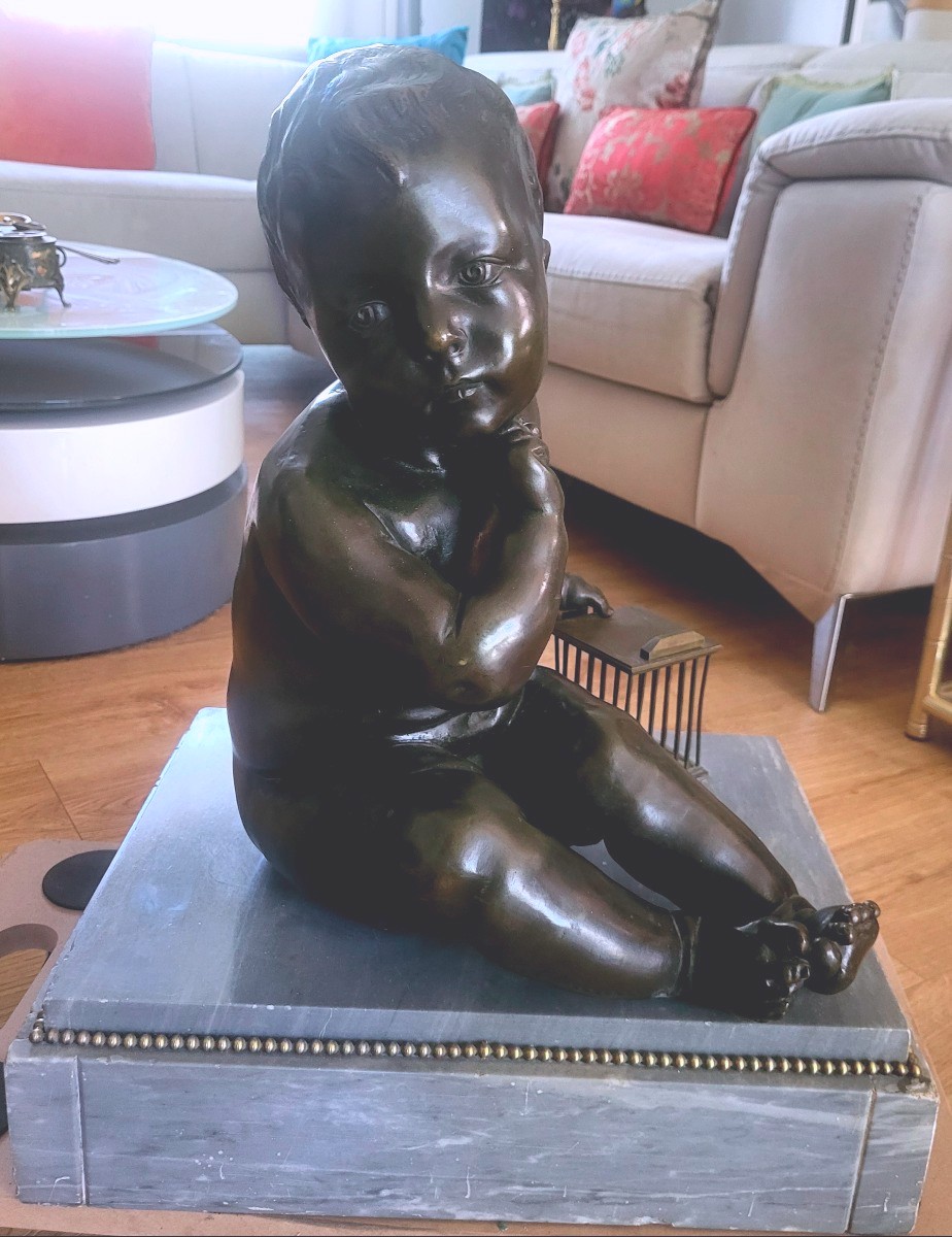 Bronze de grande taille "l'enfant à la cage" sur marbre d'après Jean-Baptiste PIGALLE - XIXeme-photo-3