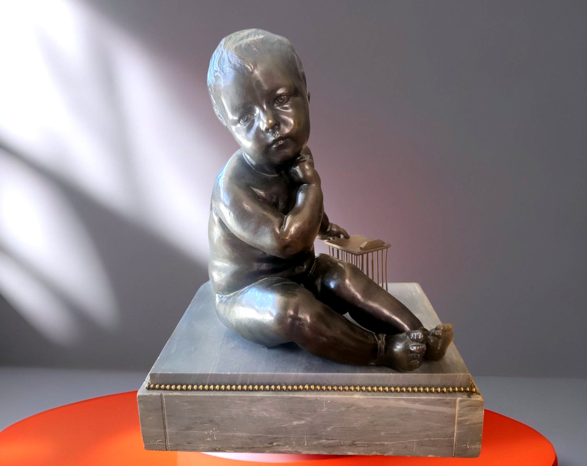 Bronze de grande taille "l'enfant à la cage" sur marbre d'après Jean-Baptiste PIGALLE - XIXeme