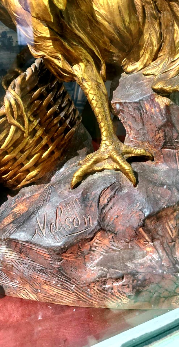 Sculpture coq en argile blanche et patiné bronze signe NELSON - XIXeme-photo-3