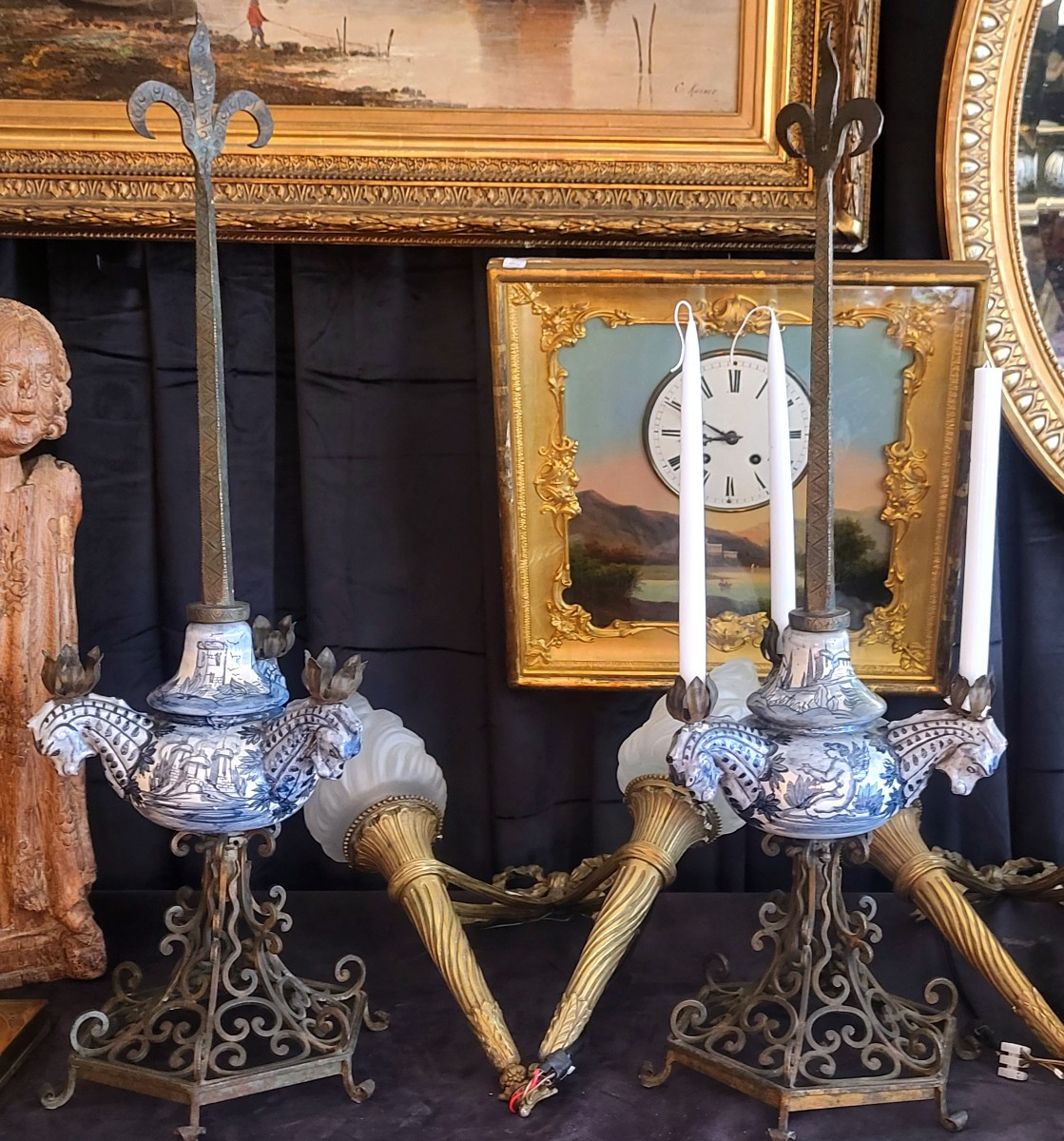 Pair Of Delft Earthenware Candlesticks With Wrought Iron Base - 19th Century-photo-2