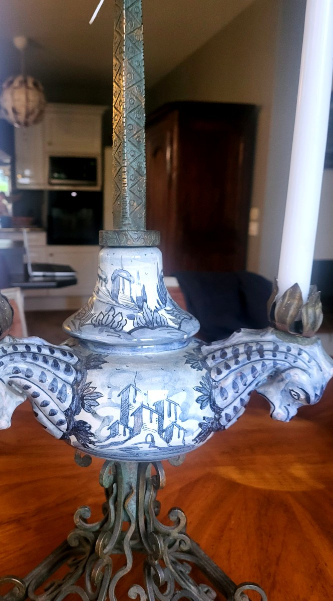 Pair Of Delft Earthenware Candlesticks With Wrought Iron Base - 19th Century-photo-3