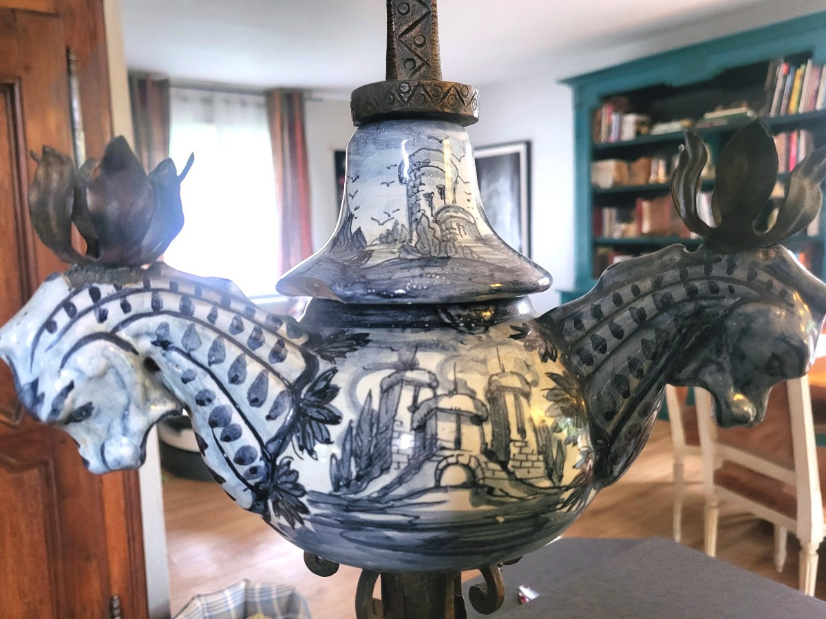 Pair Of Delft Earthenware Candlesticks With Wrought Iron Base - 19th Century-photo-4
