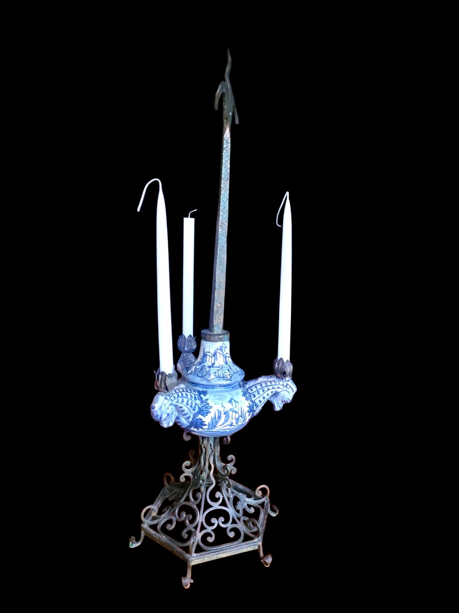 Pair Of Delft Earthenware Candlesticks With Wrought Iron Base - 19th Century-photo-2
