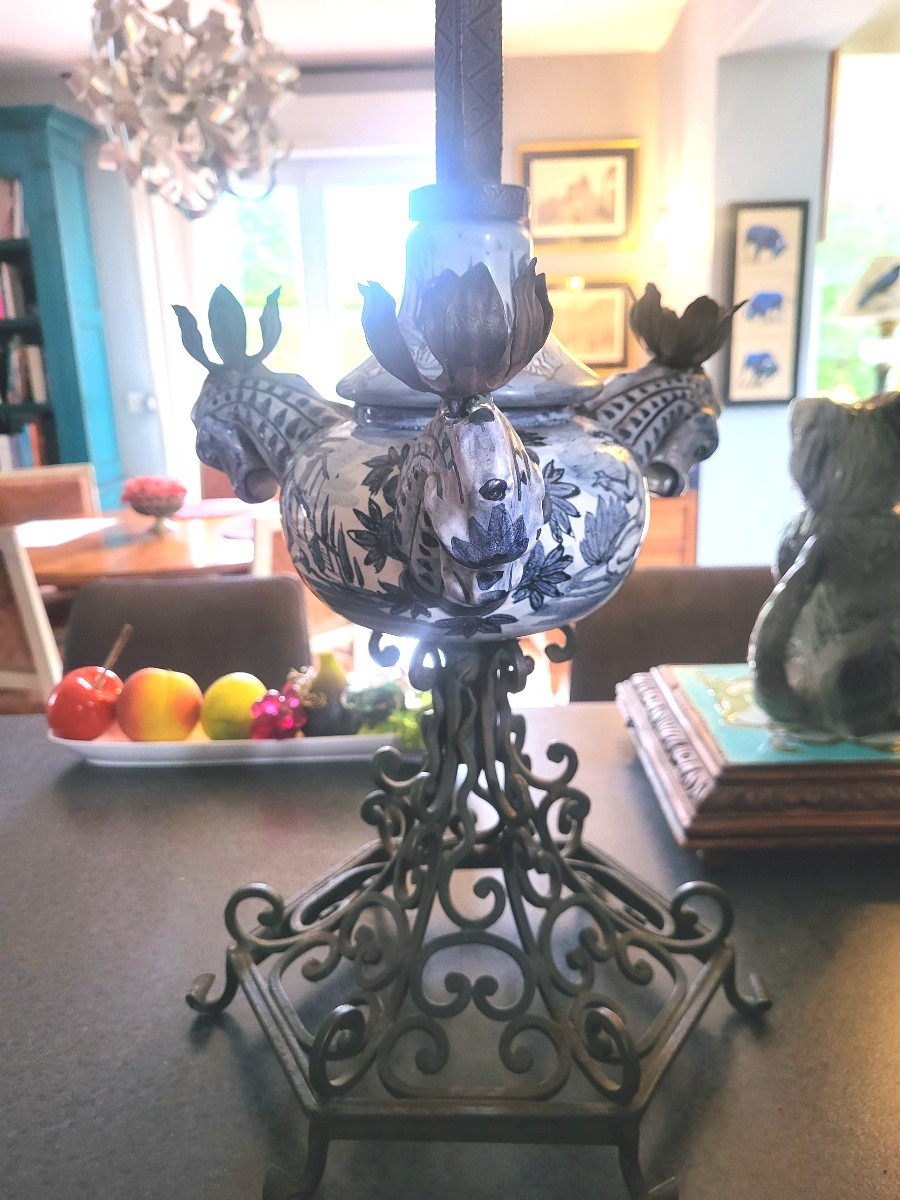 Pair Of Delft Earthenware Candlesticks With Wrought Iron Base - 19th Century-photo-4