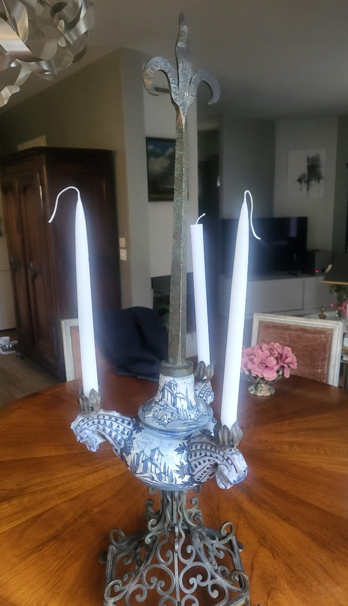 Pair Of Delft Earthenware Candlesticks With Wrought Iron Base - 19th Century-photo-5