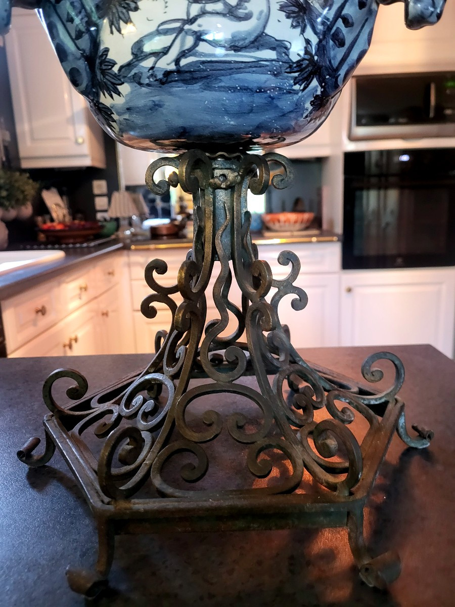 Pair Of Delft Earthenware Candlesticks With Wrought Iron Base - 19th Century-photo-6