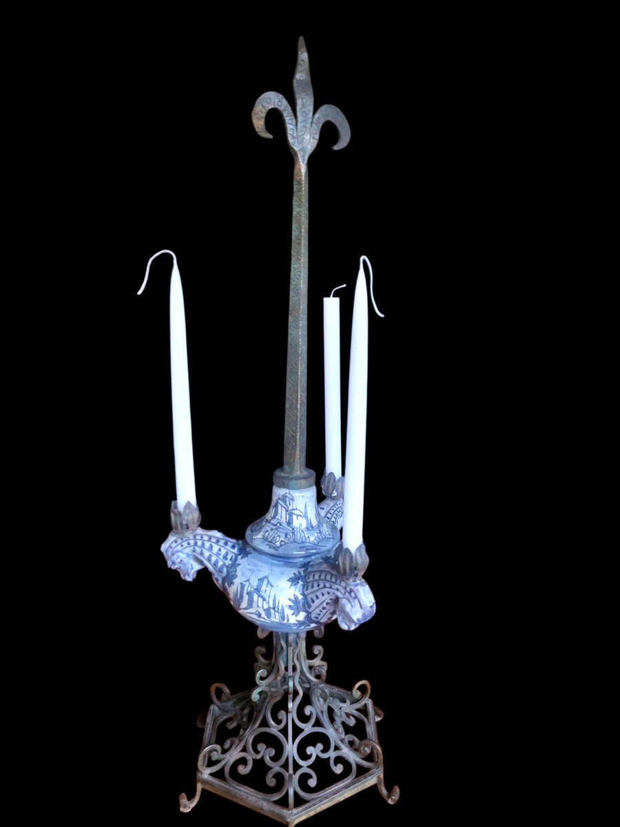 Pair Of Delft Earthenware Candlesticks With Wrought Iron Base - 19th Century
