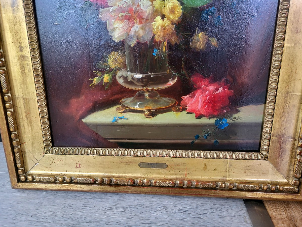 Huile sur panneau, nature morte signe J.BELLAY XIXeme-photo-4