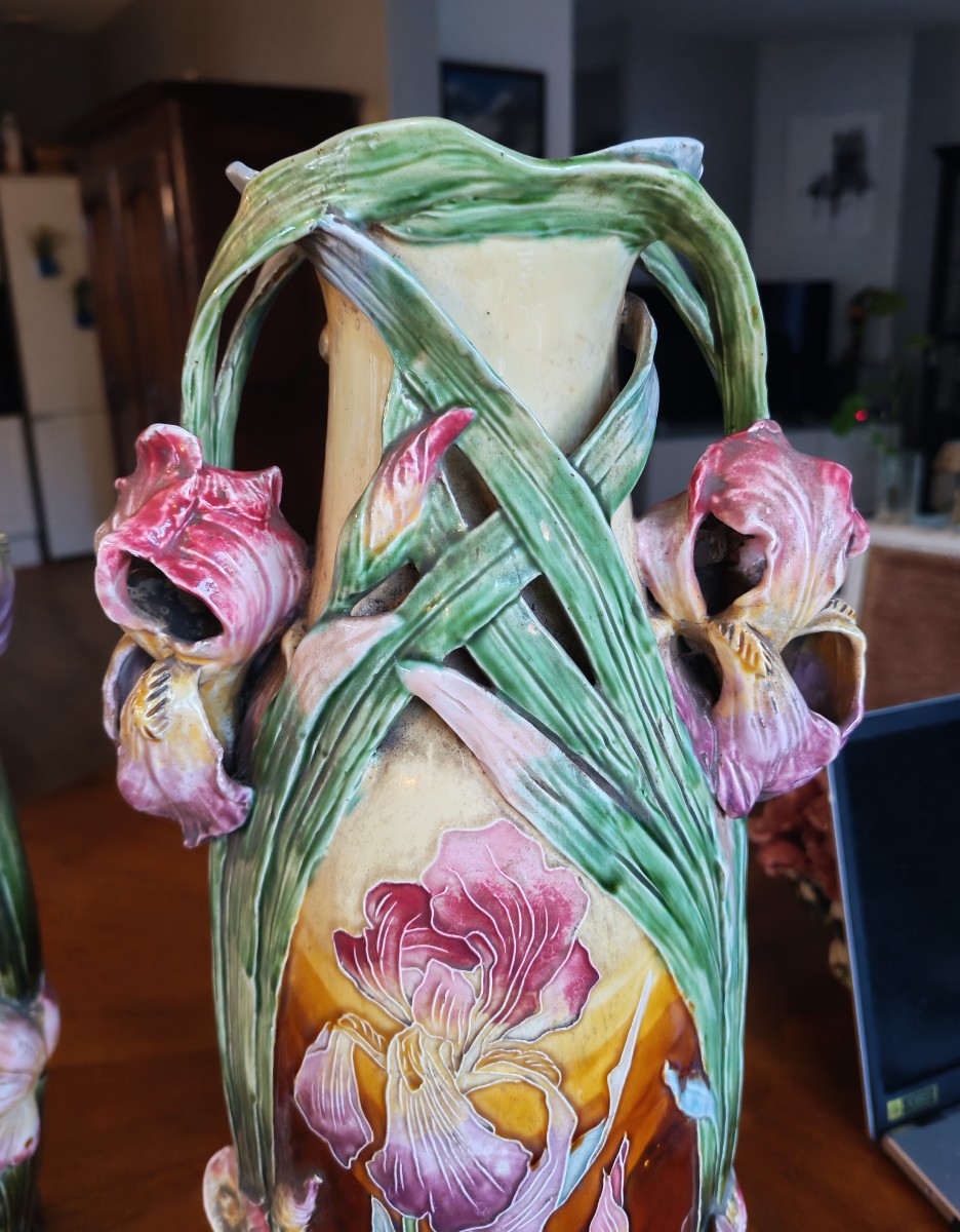Pair Of Large French Continental Iris Vases - 20th Century (1900)-photo-3