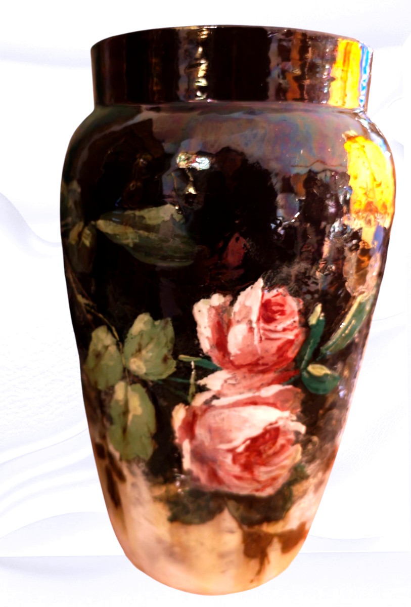 Decorative Vase With Roses, Montigny-sur-loing - 20th Century-photo-2