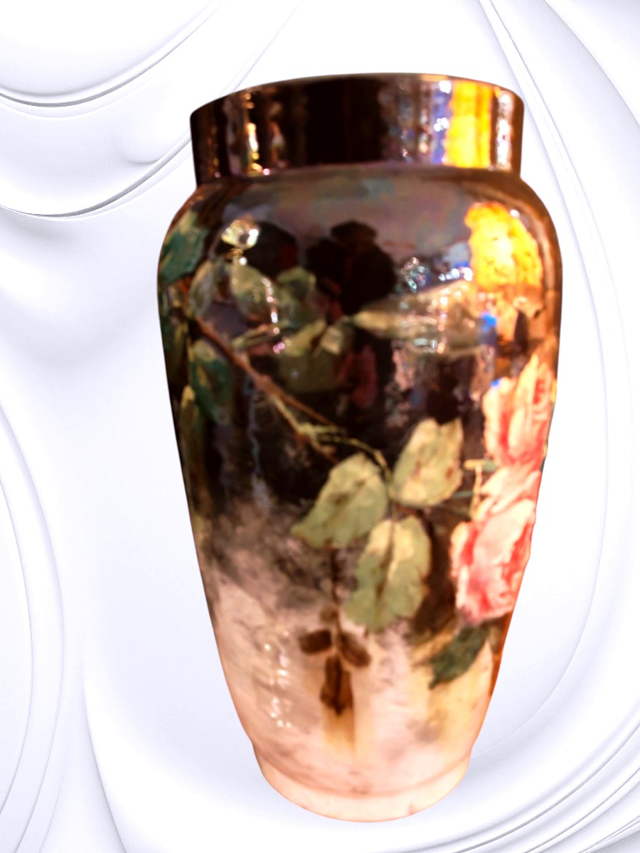 Decorative Vase With Roses, Montigny-sur-loing - 20th Century-photo-4