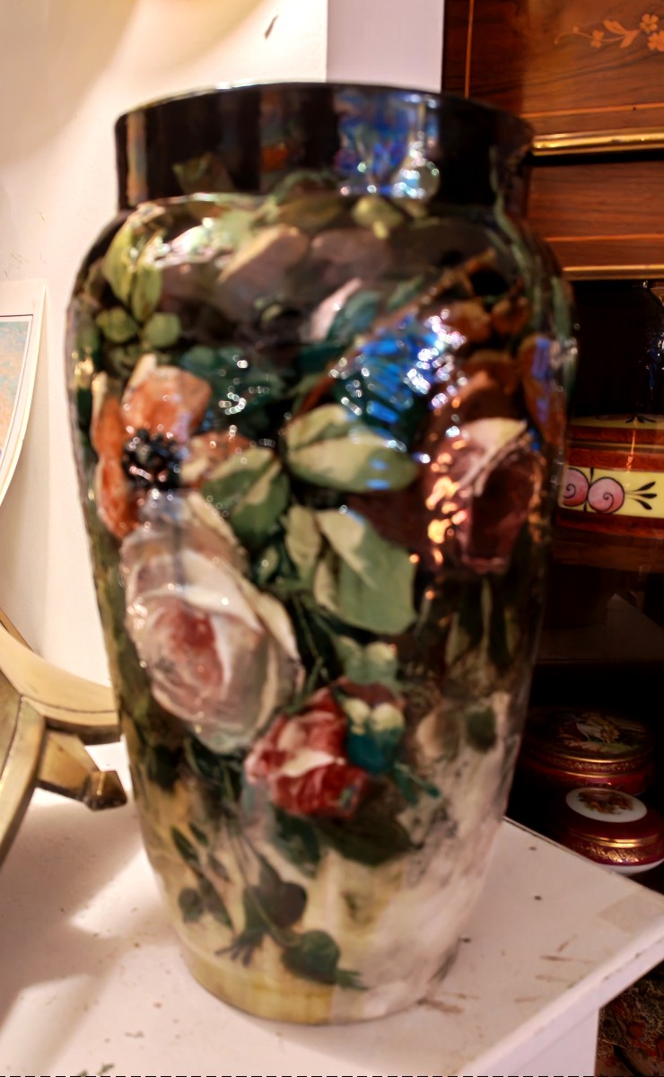 Decorative Vase With Roses, Montigny-sur-loing - 20th Century-photo-2