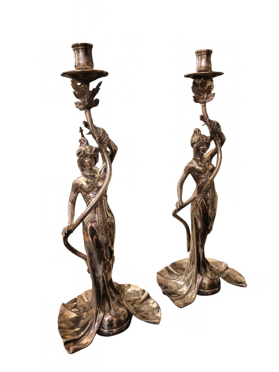 Pair Of Silvered Bronze Candlesticks, Art Nouveau - 20th Century