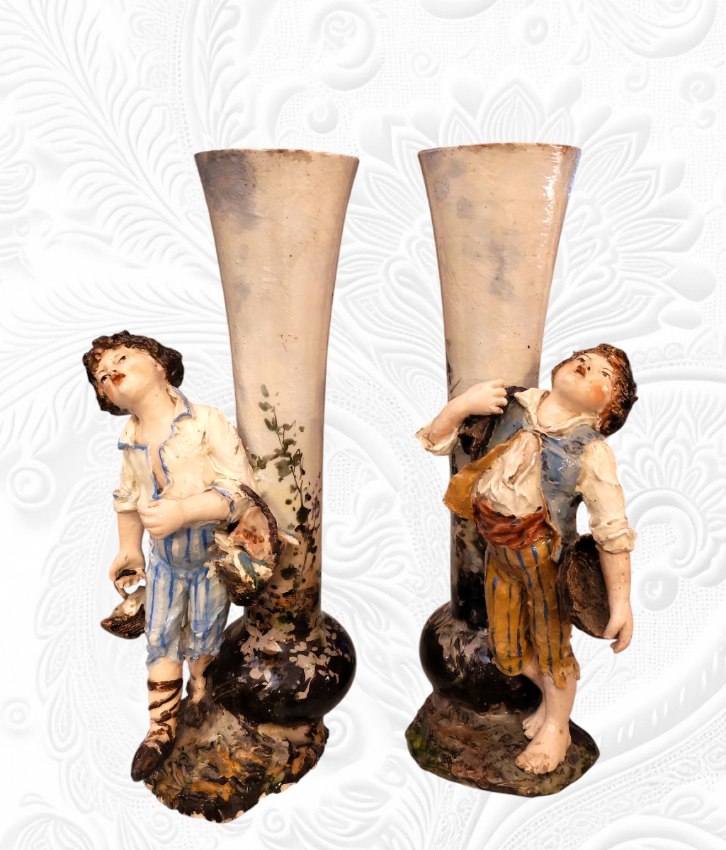 Pair Of Figurative Porcelain Vases From Montigny-sur-loing, 19th Century 