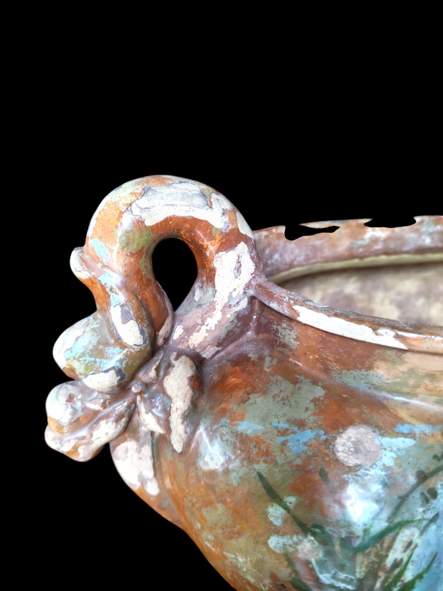 Jardinière ovale à anses sculptees en faïence  de Montigny-sur-Loing XIXᵉ  circa 1870,-photo-1