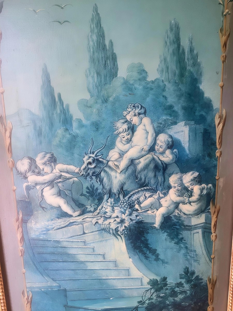 Paravent 3 panneaux, style Louis XVI - Epoque XIXeme"Paravent décoratif à trois panneaux, artic-photo-2