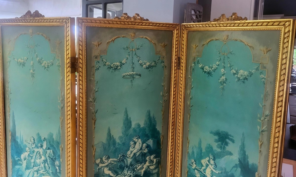 Paravent 3 panneaux, style Louis XVI - Epoque XIXeme"Paravent décoratif à trois panneaux, artic-photo-1