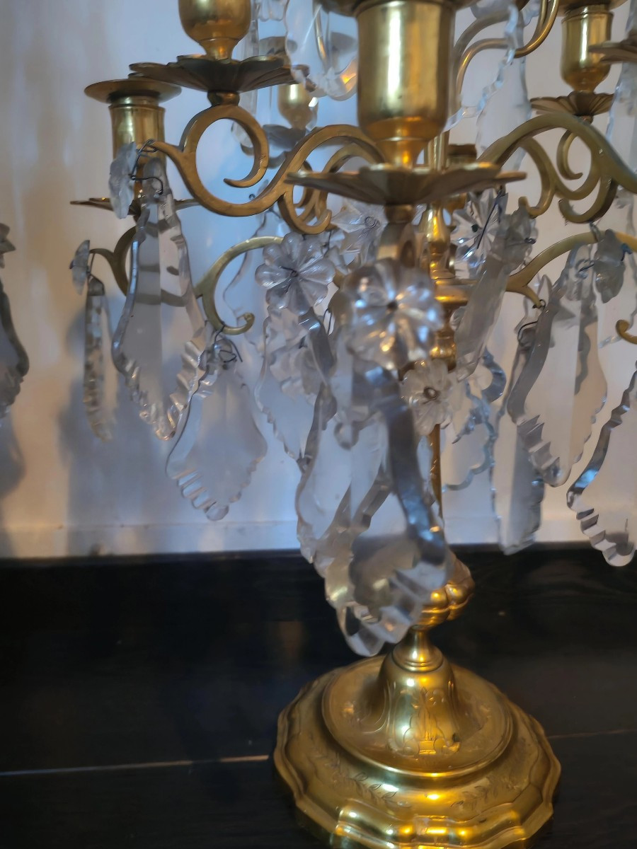 Paire de girandoles en bronze doré et cristal de style Louis XV époque XIXeme -photo-2