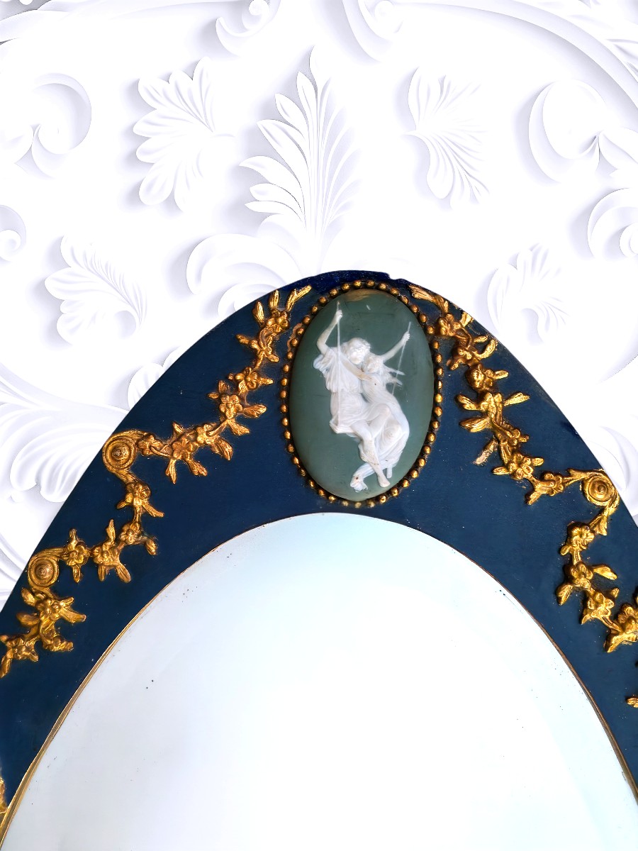 Miroir oval biseauté victorien, cadre bois dorure à la feuille d origine wedgewood, Art Deco-photo-2