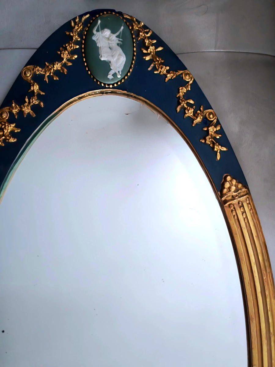 Miroir oval biseauté victorien, cadre bois dorure à la feuille d origine wedgewood, Art Deco-photo-3