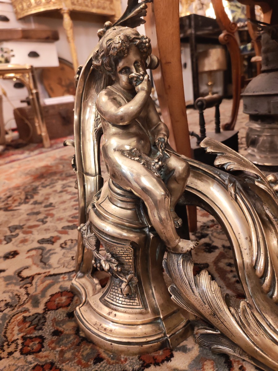Paire de chenets en bronze a Putti de style Louis XV - XIXeme-photo-3