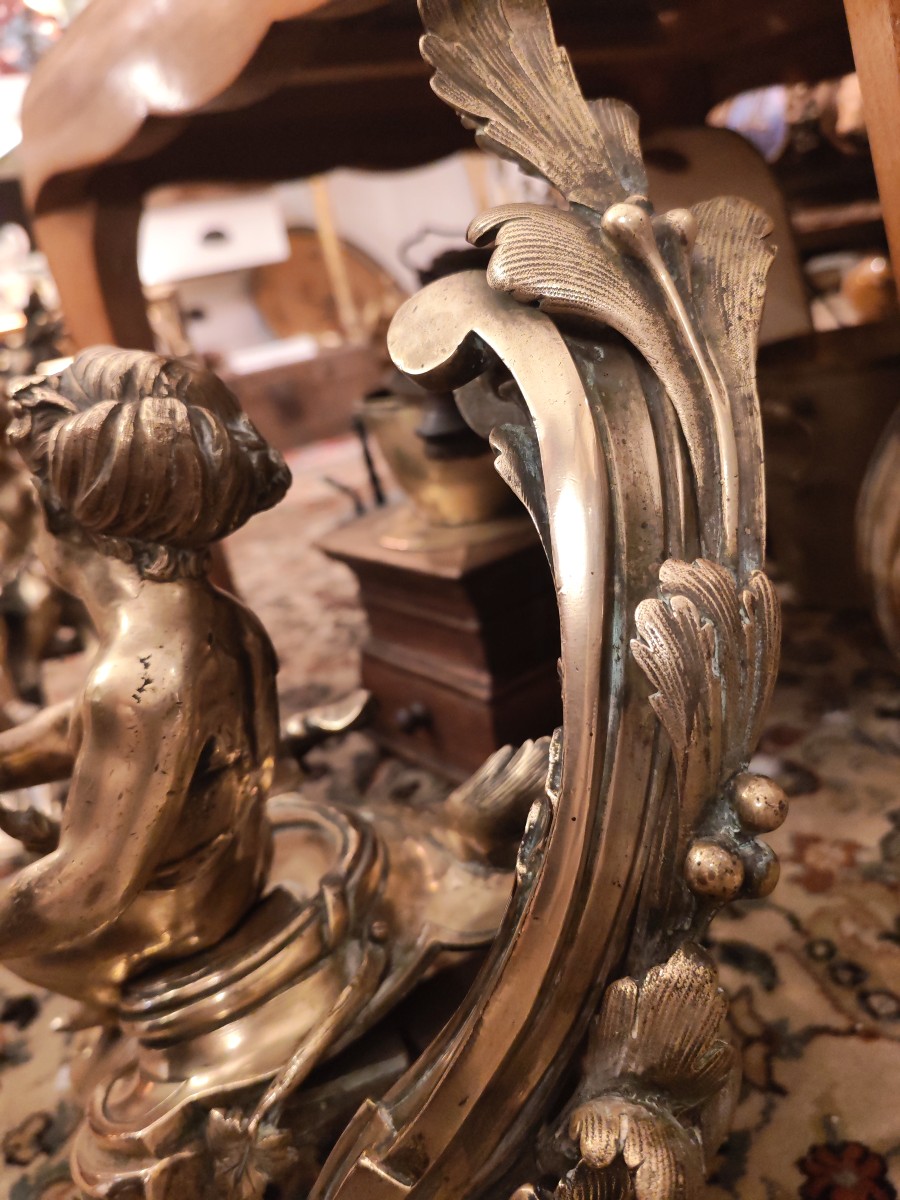 Paire de chenets en bronze a Putti de style Louis XV - XIXeme-photo-5