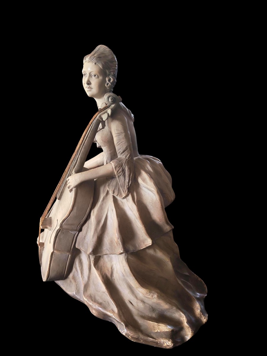 Sculpture Of A Female Cellist In White Clay, Signed Banchelli, 20th Century-photo-4