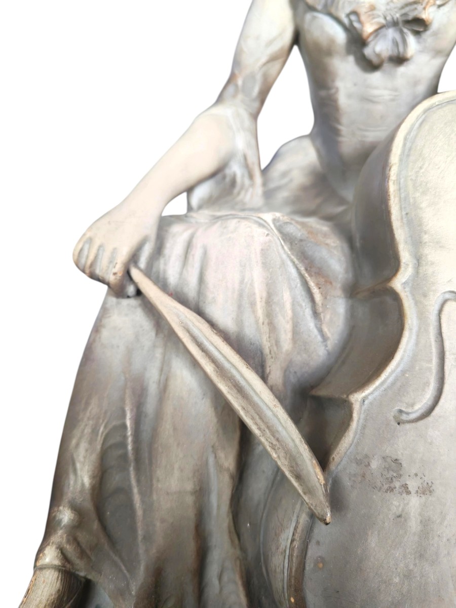 Sculpture Of A Female Cellist In White Clay, Signed Banchelli, 20th Century-photo-2
