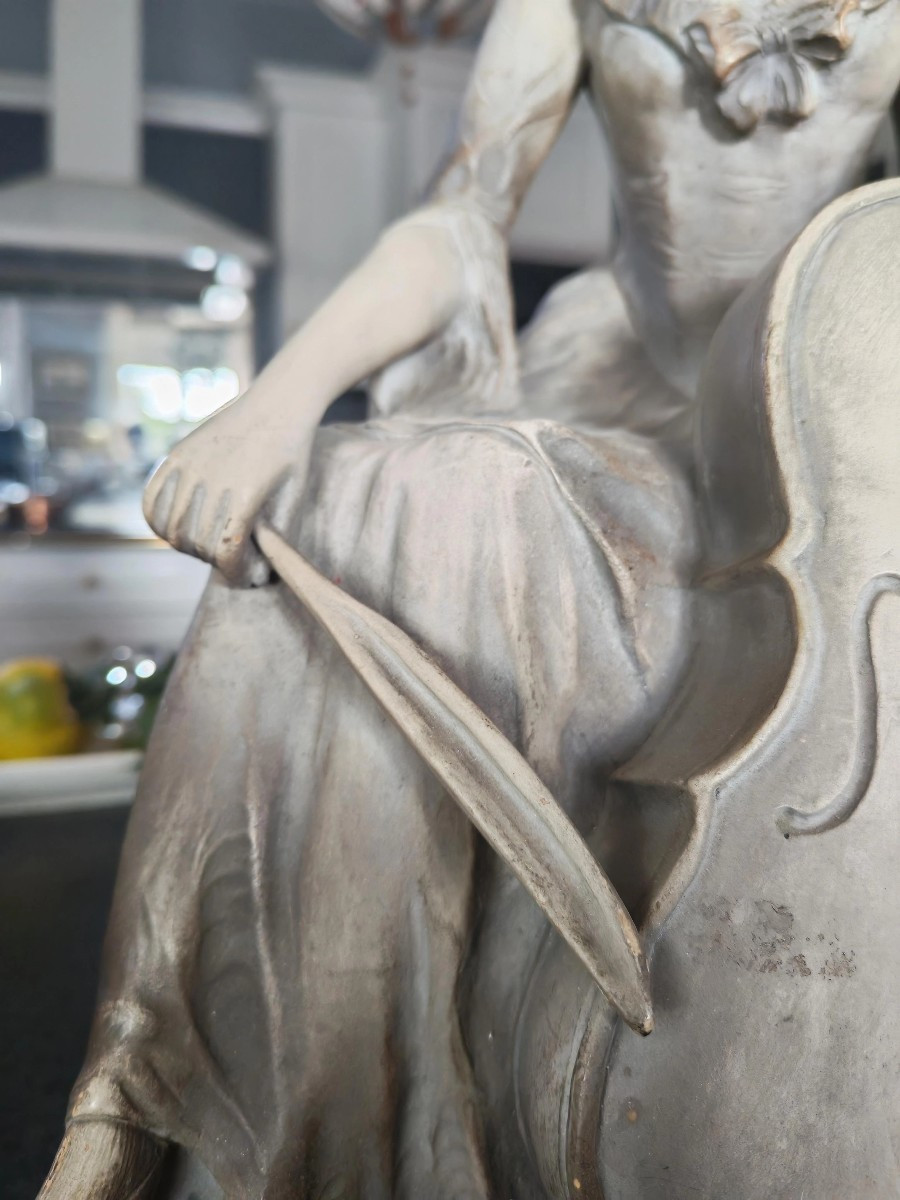 Sculpture Of A Female Cellist In White Clay, Signed Banchelli, 20th Century-photo-4