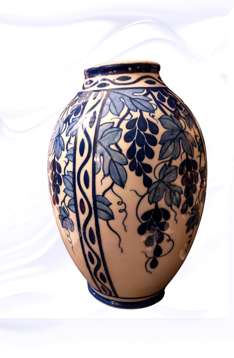 Stoneware Vase Signed Keramis Boch La Louviere, 20th Century Vine Leaves Decor-photo-2