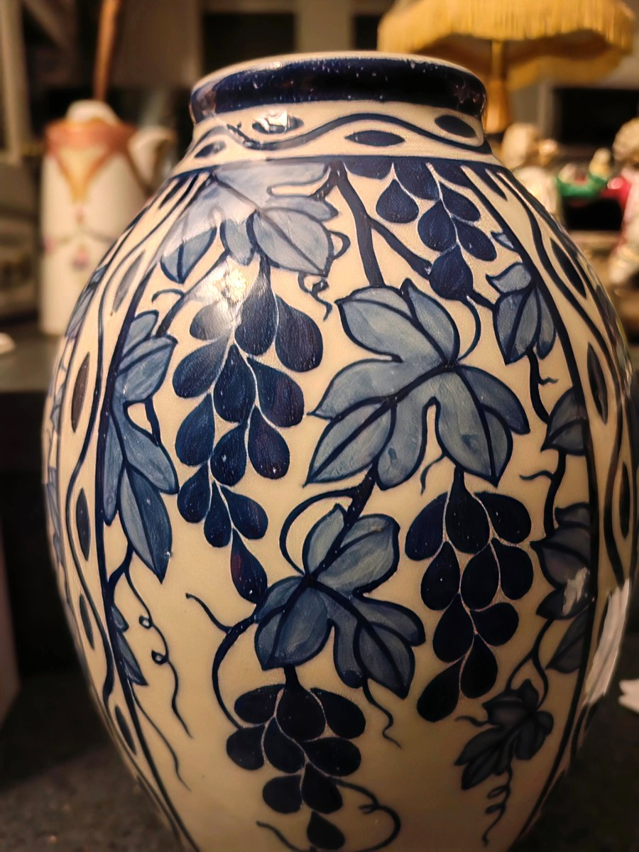 Stoneware Vase Signed Keramis Boch La Louviere, 20th Century Vine Leaves Decor-photo-1