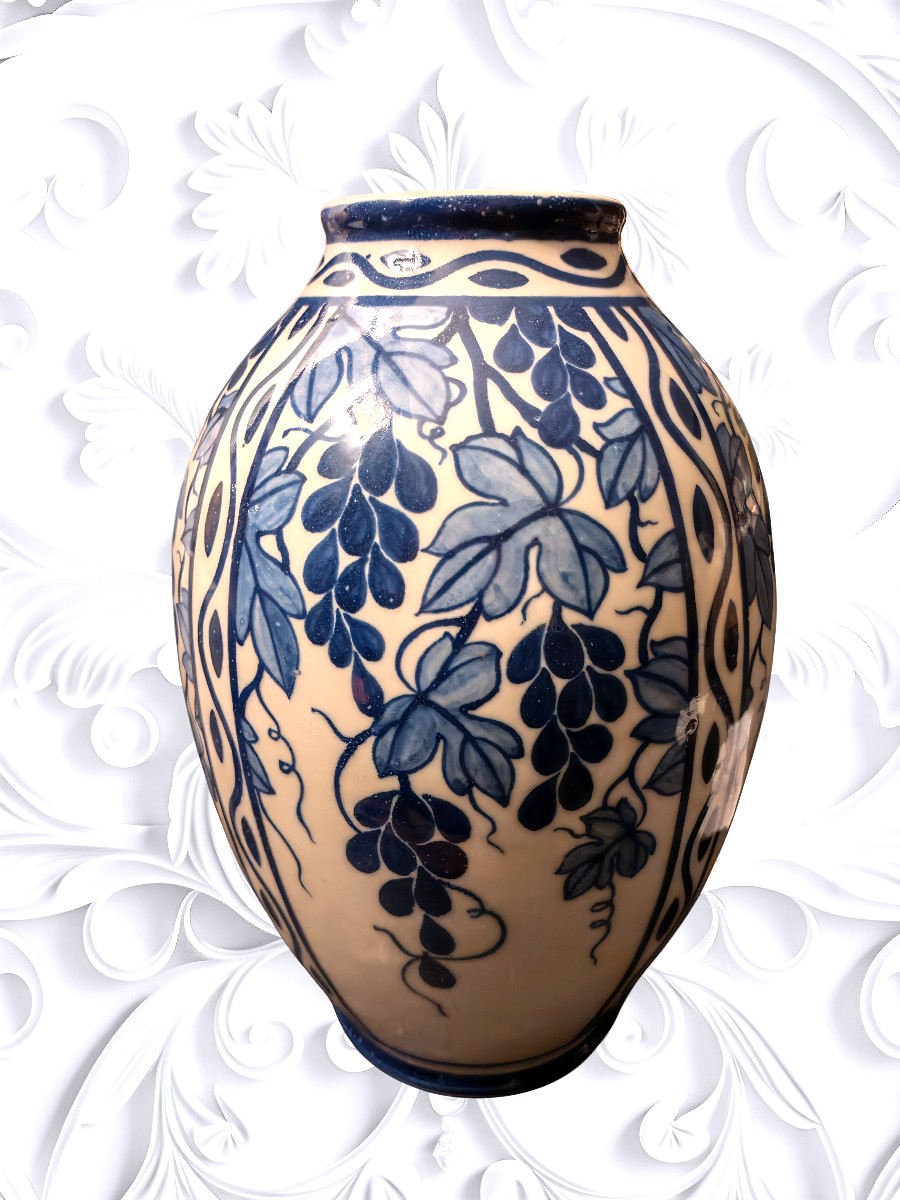 Stoneware Vase Signed Keramis Boch La Louviere, 20th Century Vine Leaves Decor