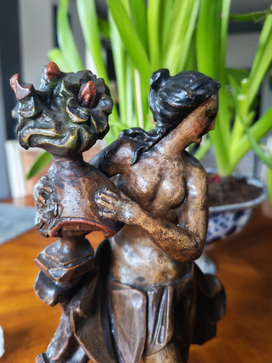 Decorative Pendant Of An Allegorical Figure In Carved Wood With Polychrome Patina, Neoclassical Style - 18th Century-photo-2