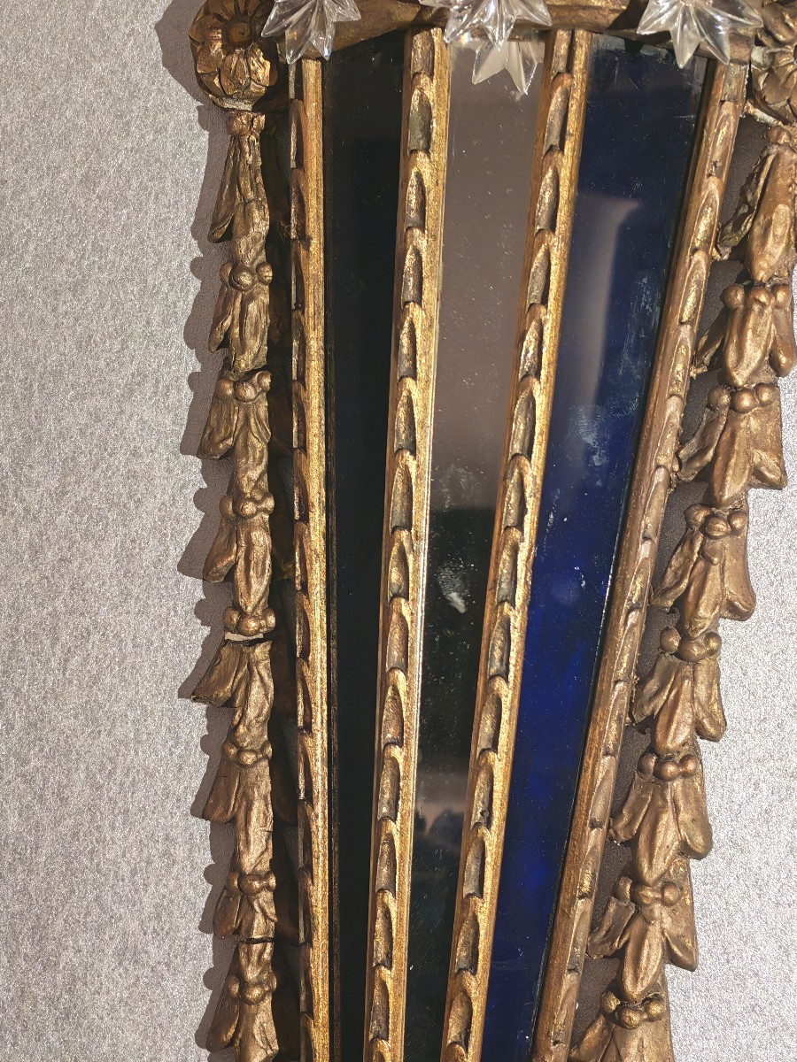 Pair Of Large Italian Wall Sconces In Carved Giltwood, Venetian Blue Glass - 19th Century -photo-2