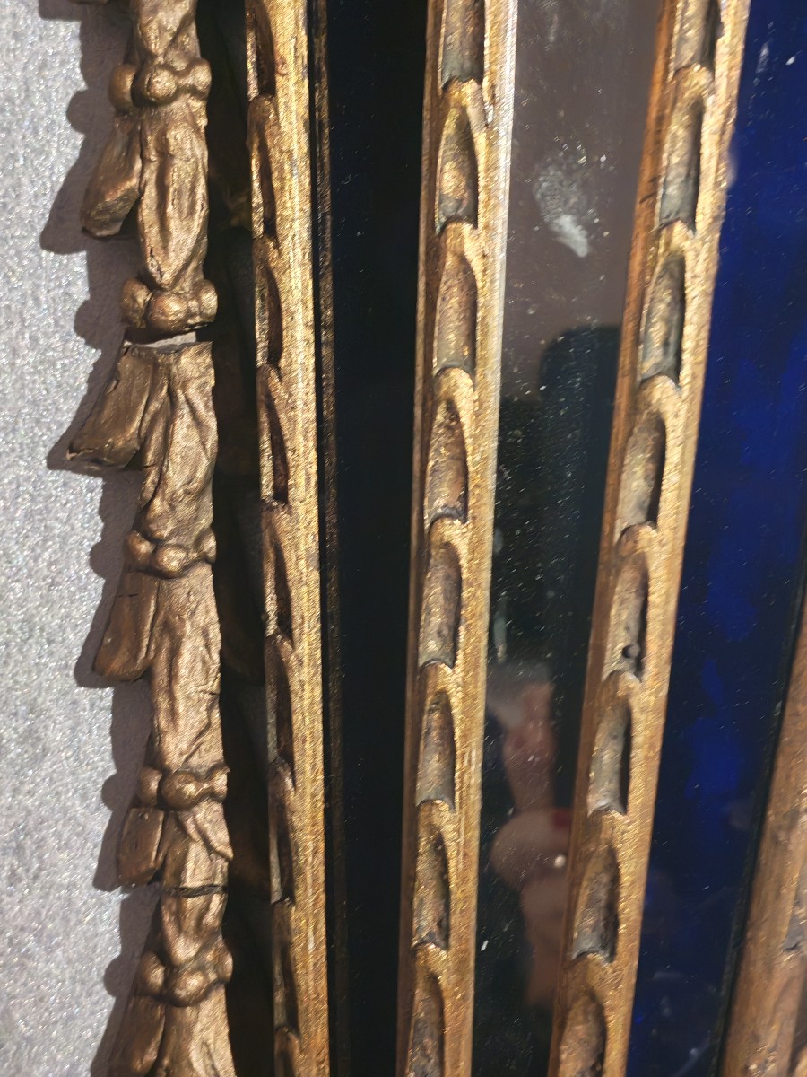 Pair Of Large Italian Wall Sconces In Carved Giltwood, Venetian Blue Glass - 19th Century -photo-6