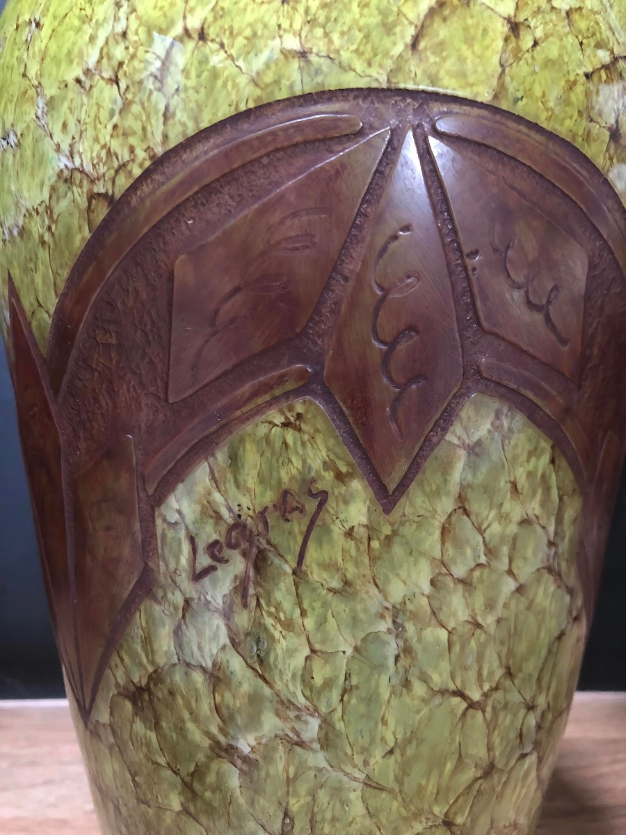 Vase en verre marbré marmoréen et frise dégagée a l acide, art déco 1910-photo-2