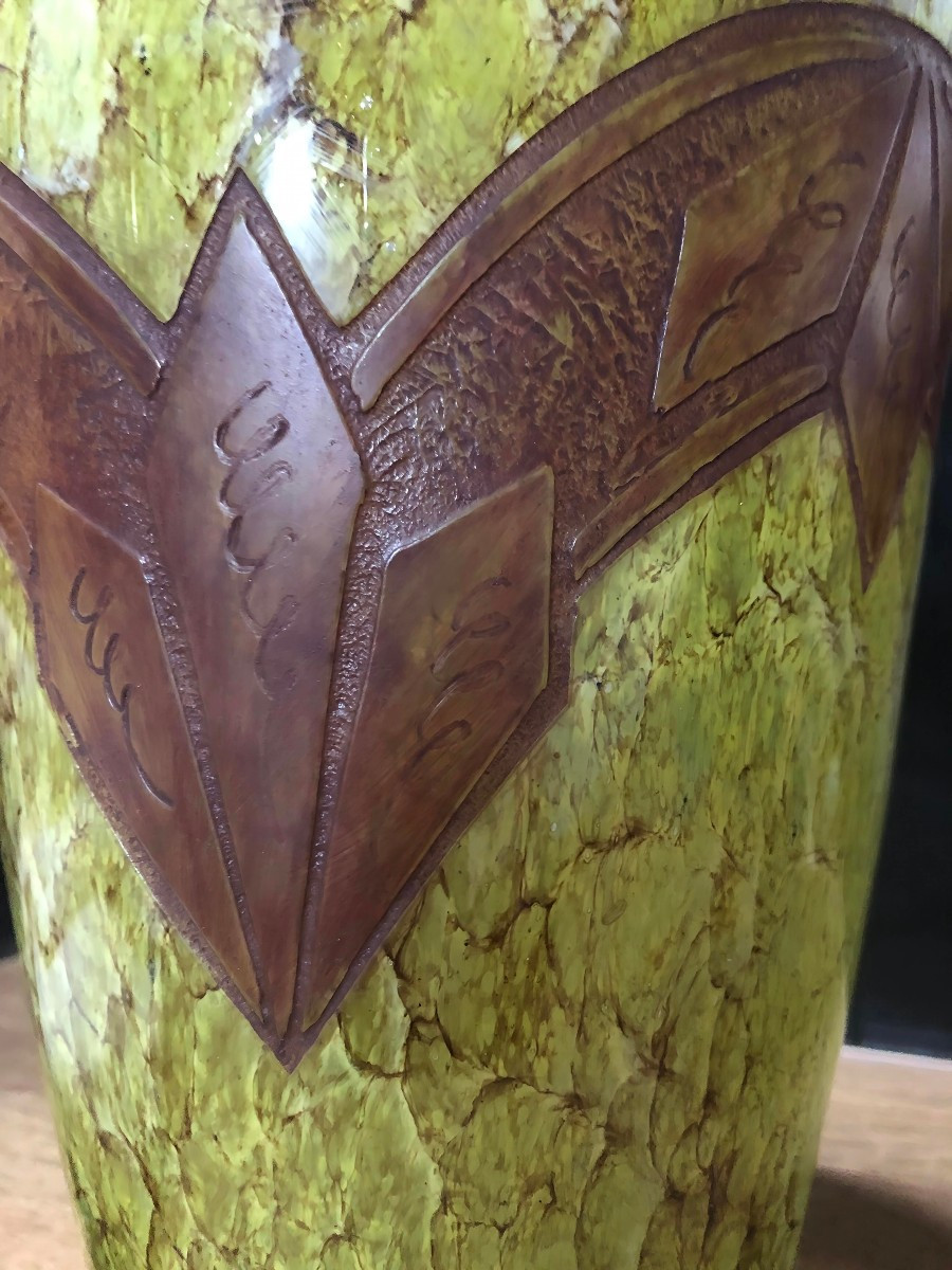 Vase en verre marbré marmoréen et frise dégagée a l acide, art déco 1910-photo-3