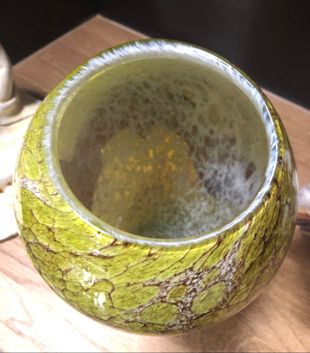 Vase en verre marbré marmoréen et frise dégagée a l acide, art déco 1910-photo-4