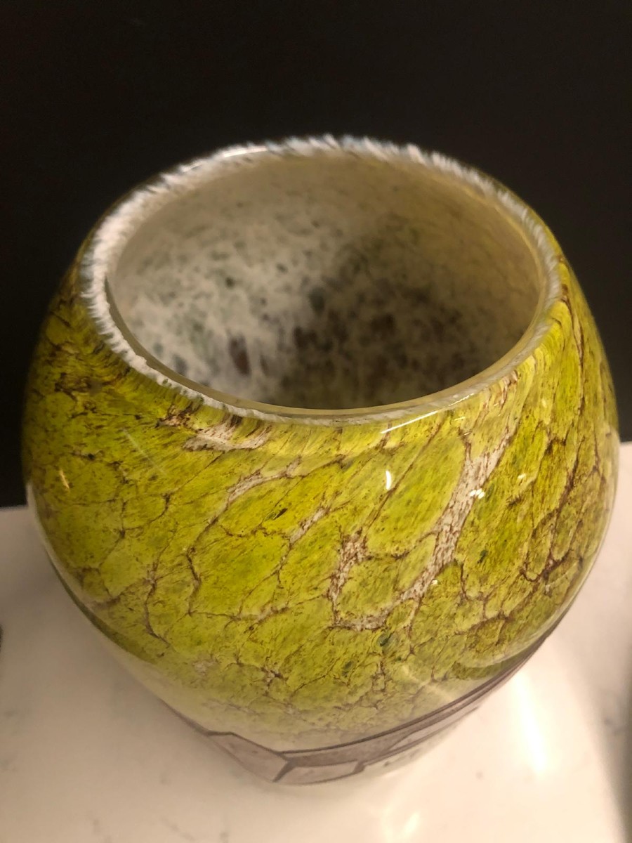 Vase en verre marbré marmoréen et frise dégagée a l acide, art déco 1910-photo-1