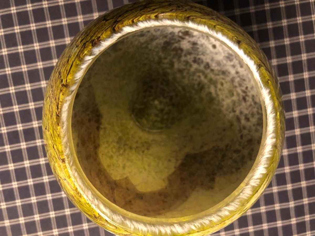 Vase en verre marbré marmoréen et frise dégagée a l acide, art déco 1910-photo-2