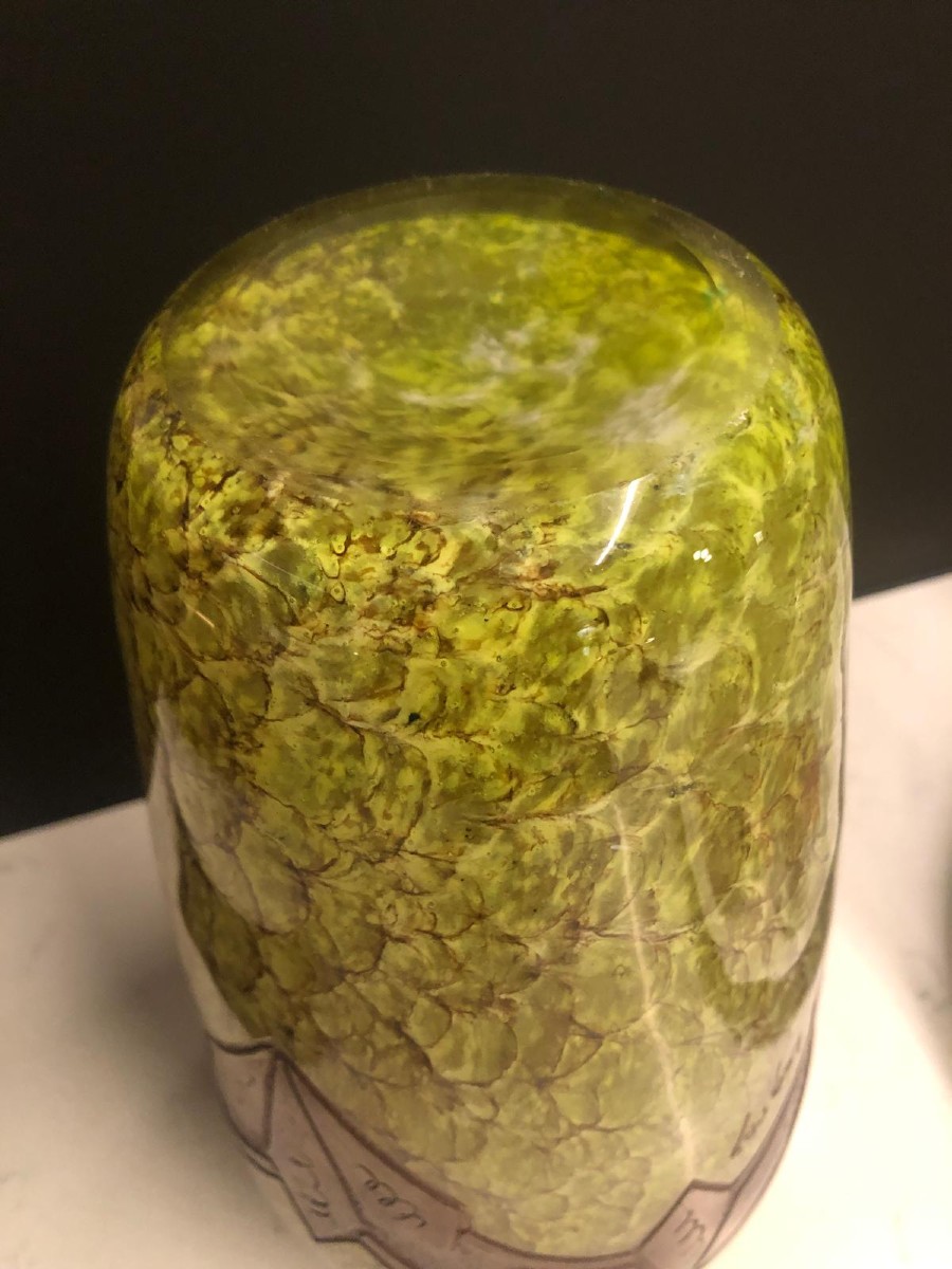 Vase en verre marbré marmoréen et frise dégagée a l acide, art déco 1910-photo-3