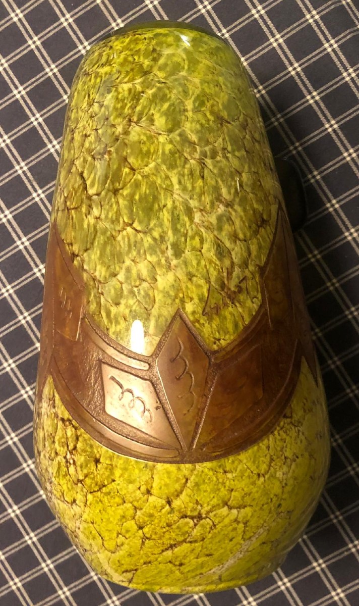 Vase en verre marbré marmoréen et frise dégagée a l acide, art déco 1910-photo-4