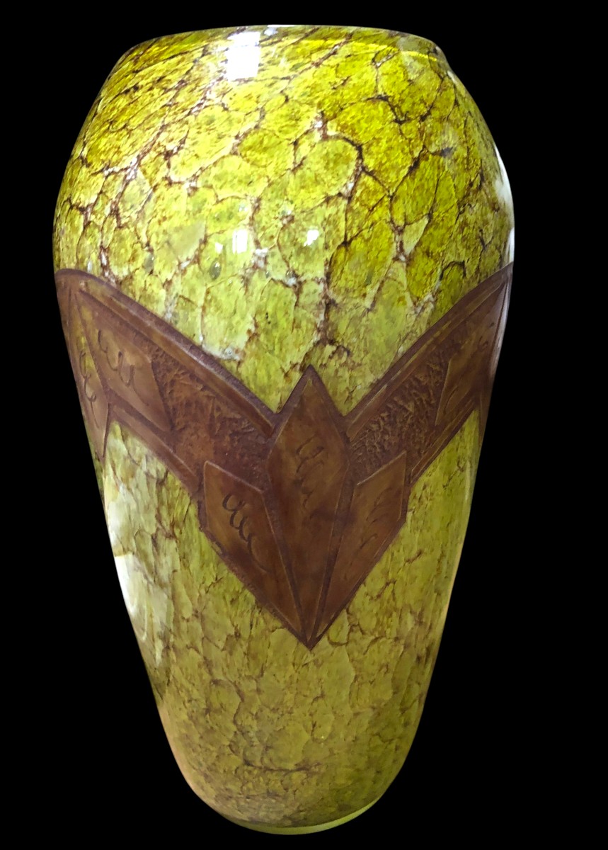 Vase en verre marbré marmoréen et frise dégagée a l acide, art déco 1910