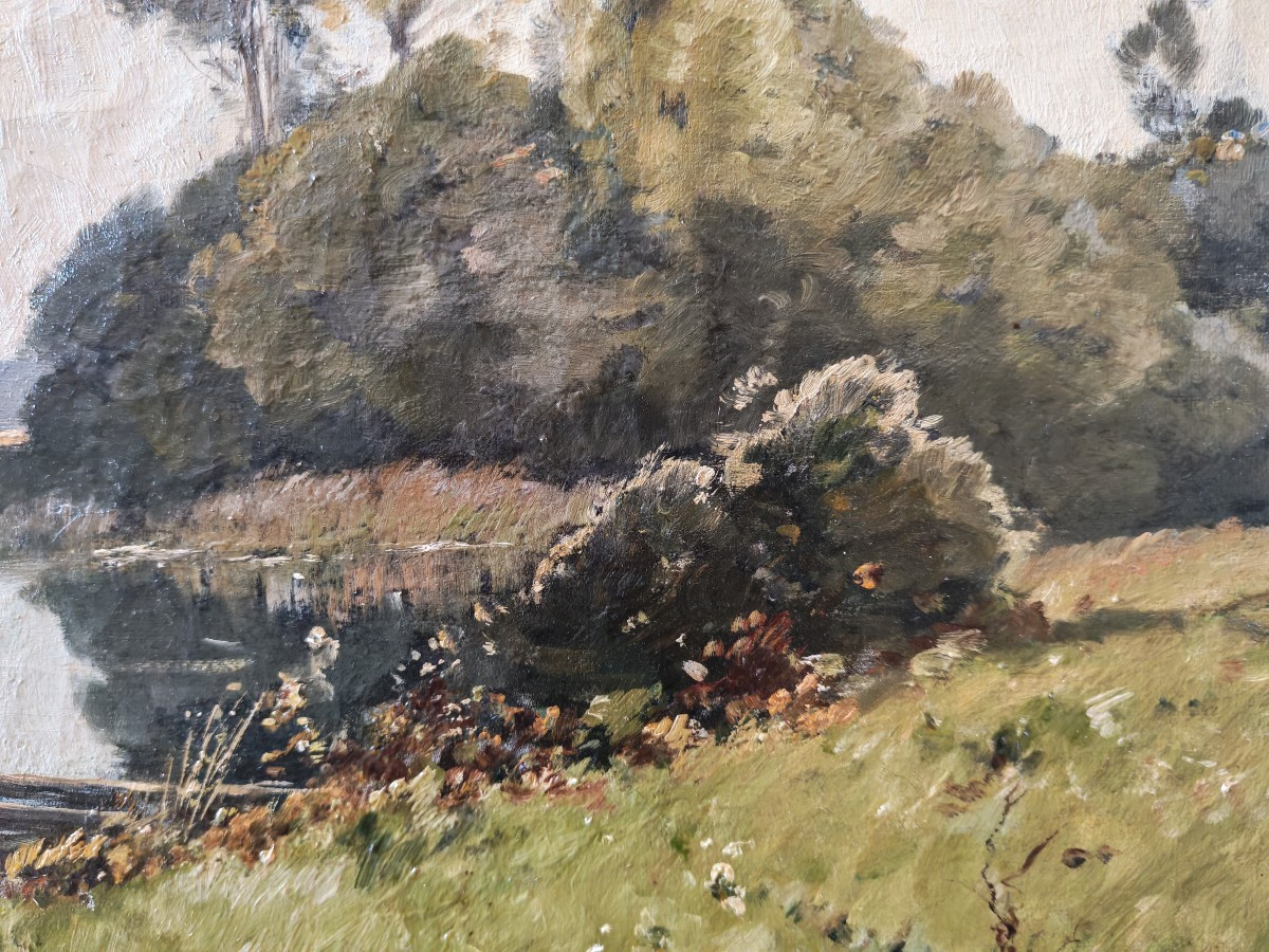 Paul Lecomte (1842-1920) Paysage au plan d eau (forêt de Fontainebleau) huile sur toile signée -photo-4