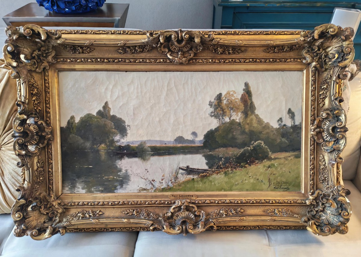 Paul Lecomte (1842-1920) Paysage au plan d eau (forêt de Fontainebleau) huile sur toile signée -photo-7