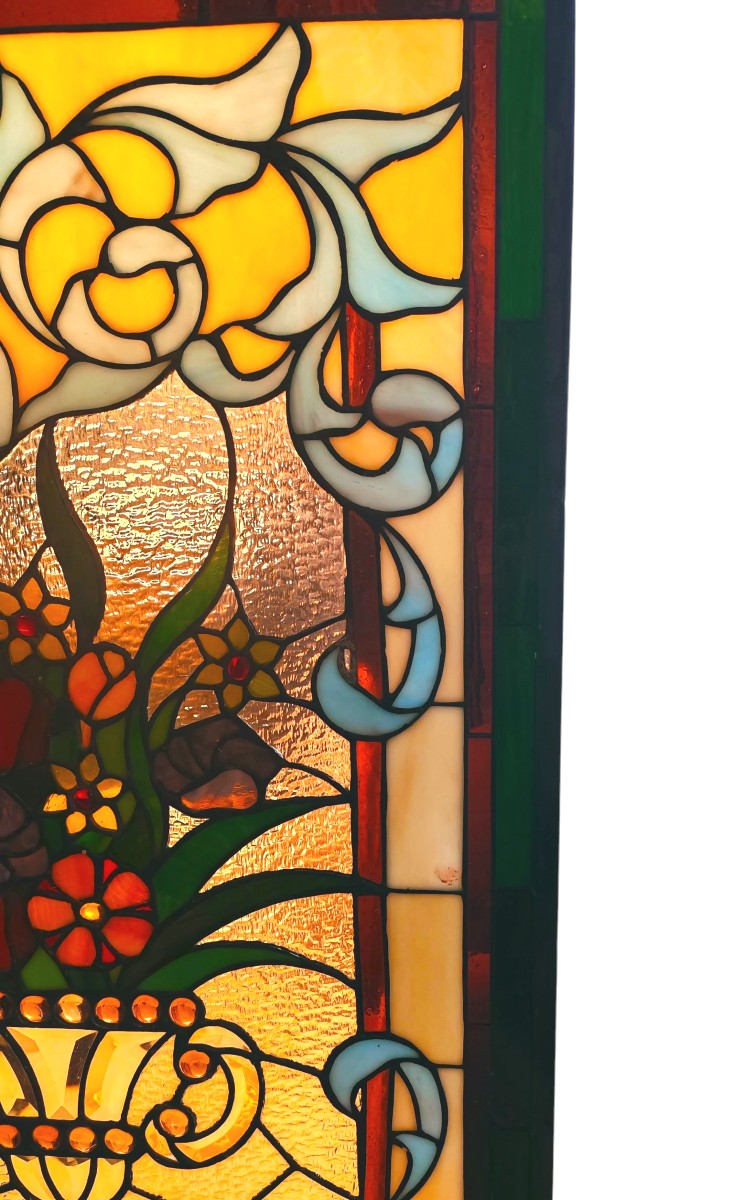 Decorative Stained Glass Window, Colorful Bouquet Of Flowers, Art Nouveau, Epic, Circa 1900-photo-3