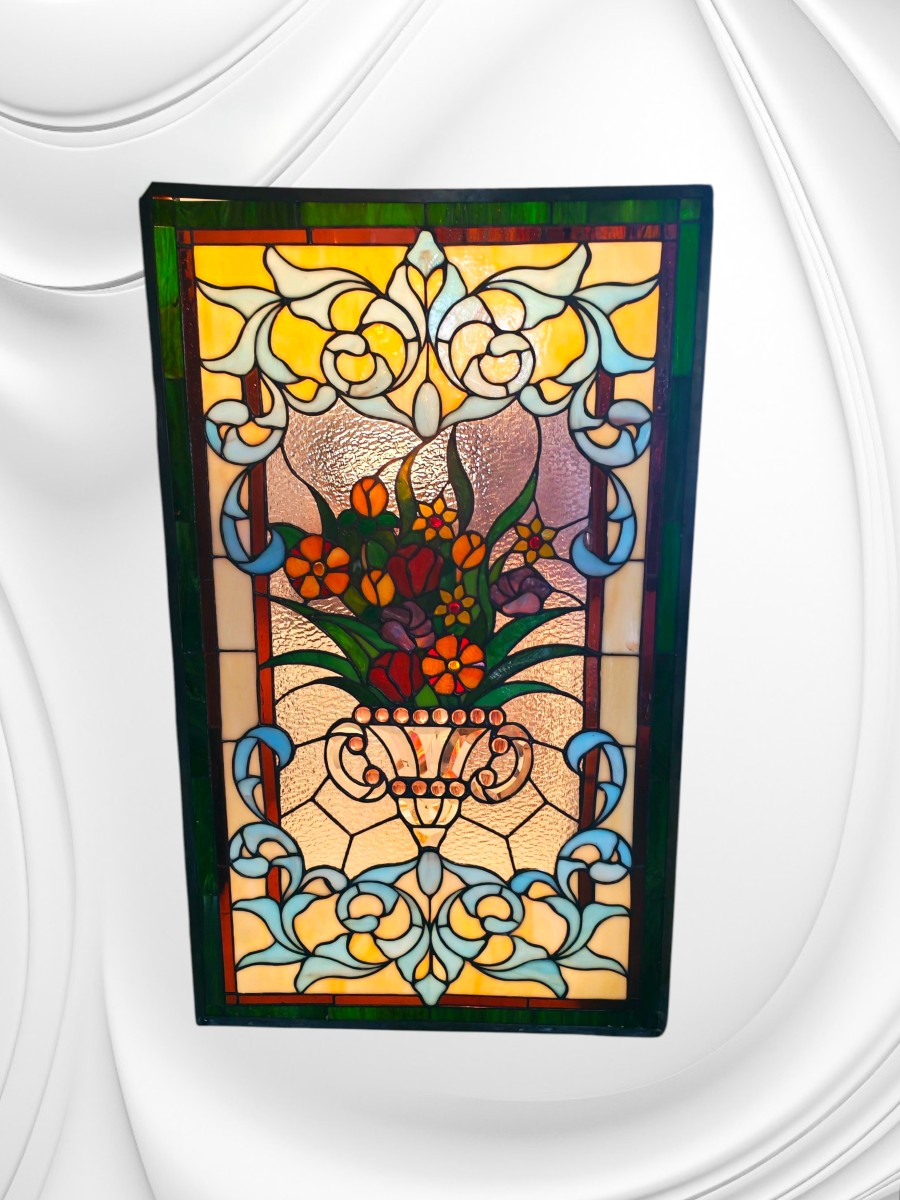 Decorative Stained Glass Window, Colorful Bouquet Of Flowers, Art Nouveau, Epic, Circa 1900