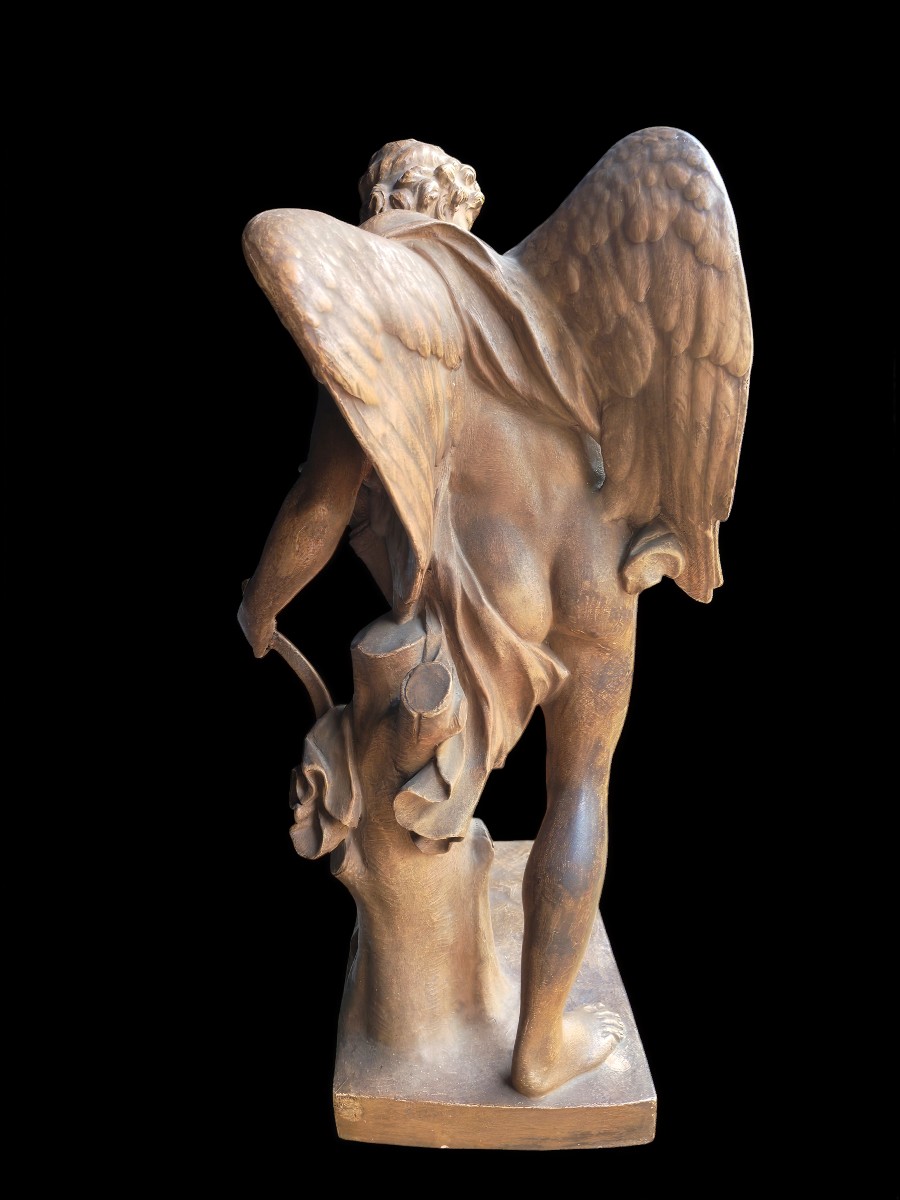 Sculpture en terre cuite, patiné brune représentant Cupidon XIXeme-photo-2