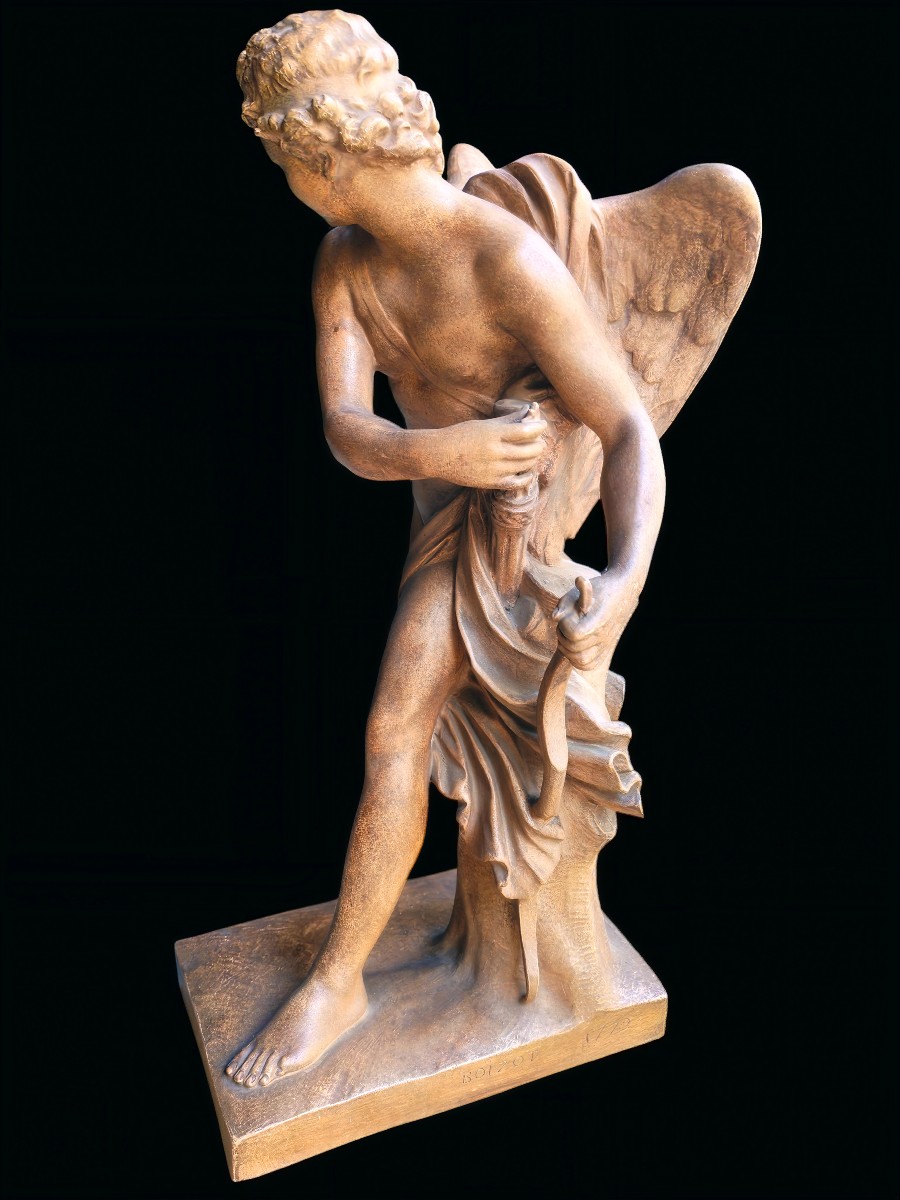 Sculpture en terre cuite, patiné brune représentant Cupidon XIXeme-photo-3
