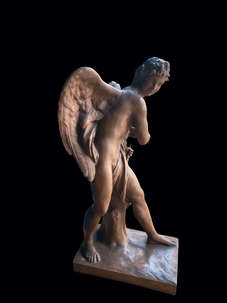 Sculpture en terre cuite, patiné brune représentant Cupidon XIXeme-photo-3